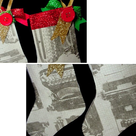 4 CHRISTMAS STOCKING ORNAMENTS REVERSIBLE HANDMADE MUSIC & OLD TYPEWRITERS - Picture 3 of 4